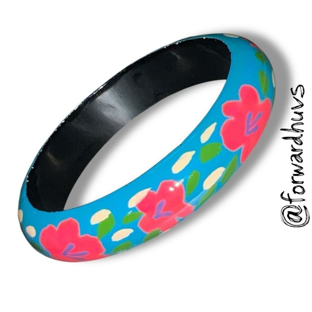 Hand-Painted Wooden Bangle Bracelet - Turquoise with Red Floral Design